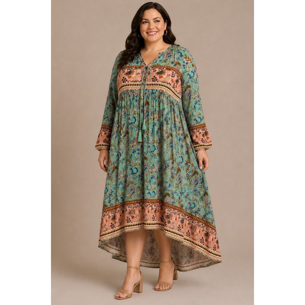R.Vivimos High Low Maxi Dress Boho Cottagecore Festival Teal Cotton Rayon 2X